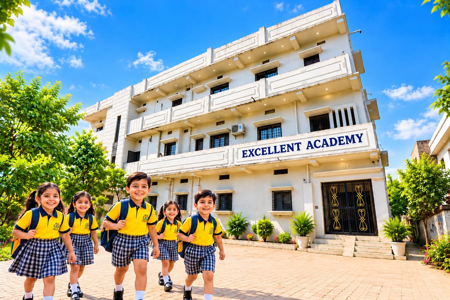 Excellent Academy building and students in yellow and navy-blue uniforms in Katihar